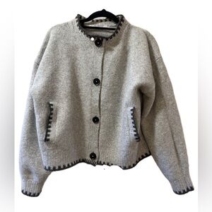 Gray Blanket Stitch Button Up Cardigan – Chunky Knit / S
